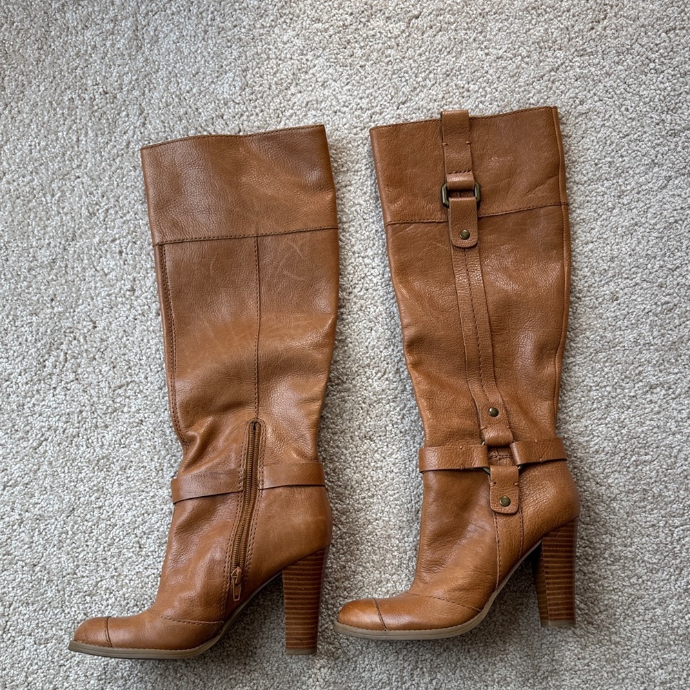 Women's Nine West Tall Tan Leather Heeled Boots